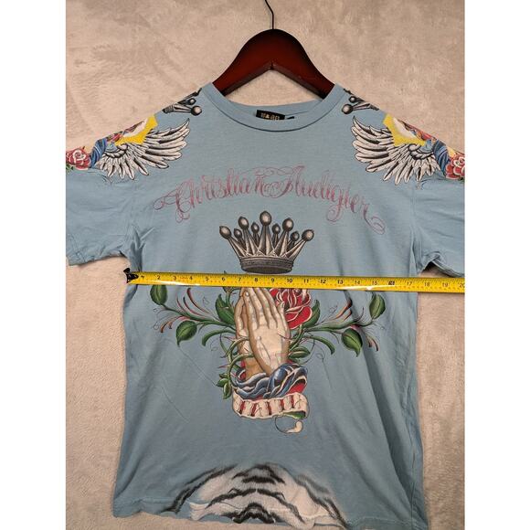 Christian Audigier Y2K All Over Print Blue Shirt SMALL Faith Graphic Made in USA - Picture 4 of 6